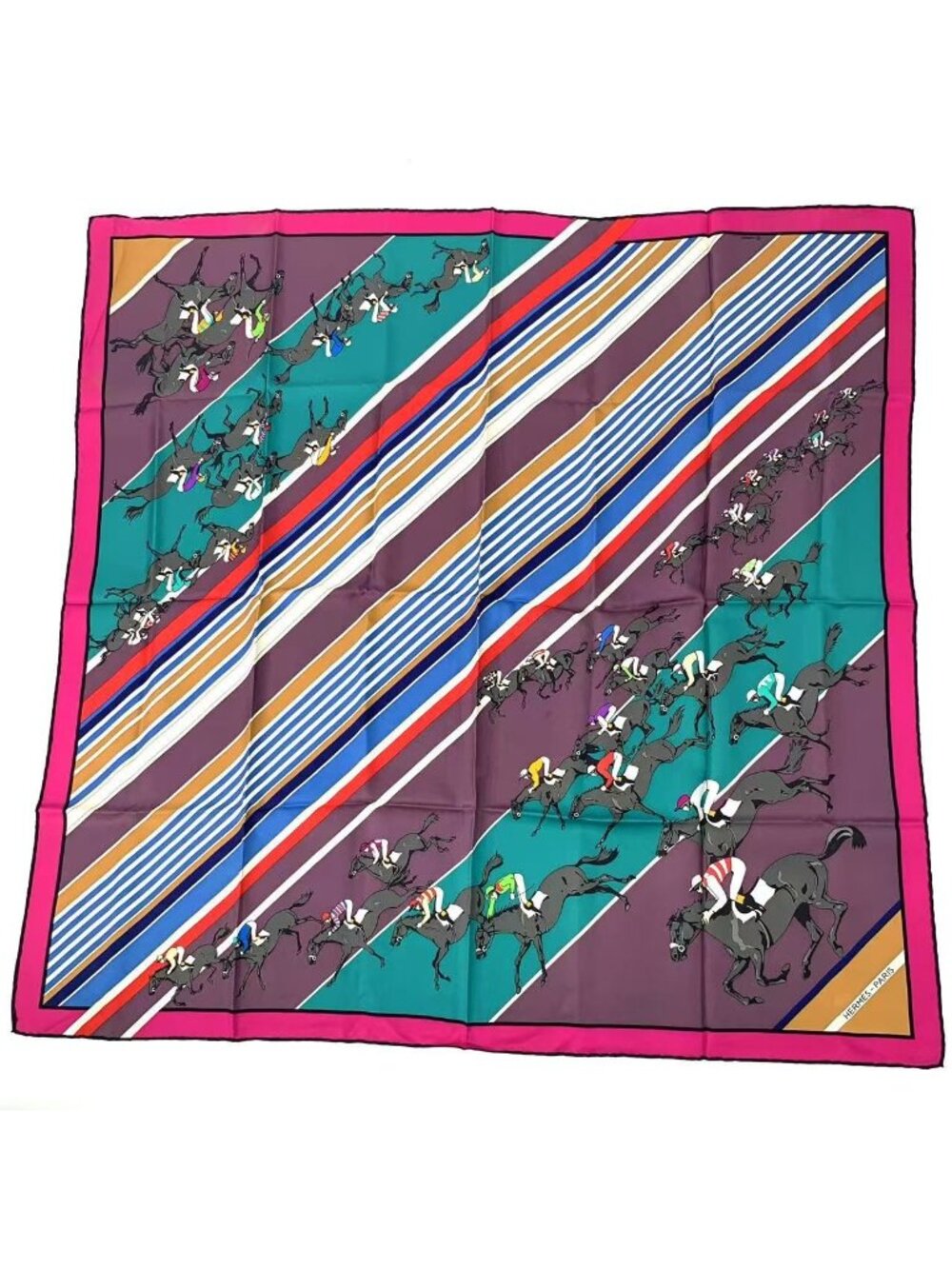 Hermes Carre 90 Lea Courses Horse Racing Silk Scarf Multicolor